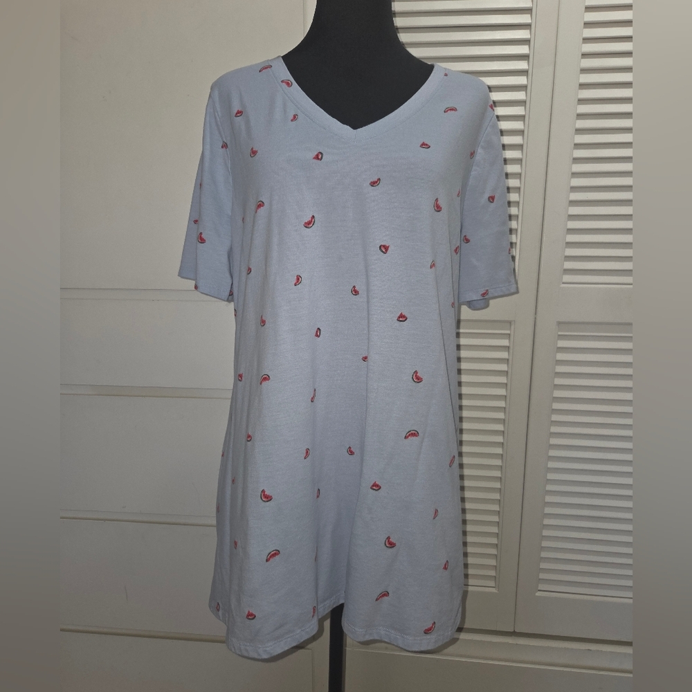 Light Blue V Neck Tee With Watermelon Print. Size 10/12L